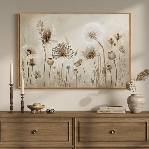 Framed Vintage Neutral Rustic Botanical Floral Dandelion Wall Art, 24x36 In - color: White & Beige B