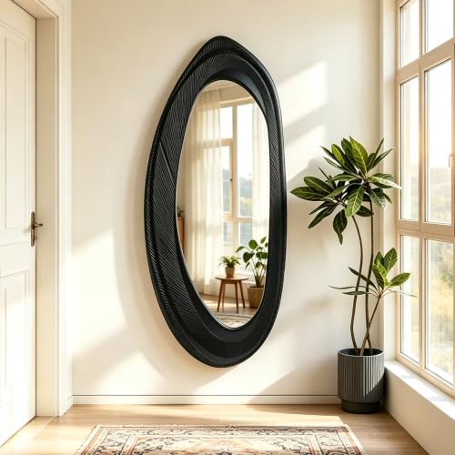 POZINO 63"x26" Irregular Full Length Mirror, Asymmetrical Oval Wall Mirror - size: 63"L x 26"W