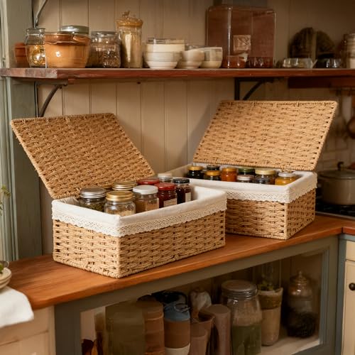 Nonam Rattan Divided Storage Basket with Lid, Set of 3, Natural - color: Divided Paper * Set of 3