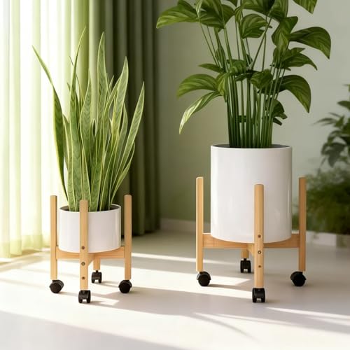 Adjustable Wooden Plant Stand with Wheels 3 Height Adjustment Fits 11.81inch Pots Mid Century Modern Outdoor & Indoor Planter Holder for Home Corner (Plants Not Included) L