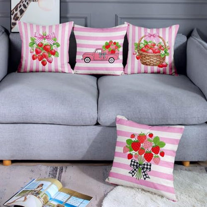 Throw Pillow Covers, Pink Bow, Set of 4, 18"x18" - color: Pink Strawberry