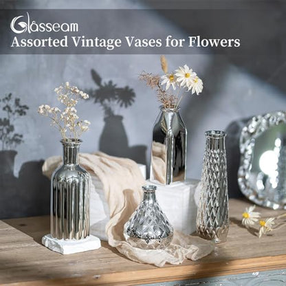 Glasseam Silver Glass Vase for Single Flower: 8 Pcs Small Decorative Vases - size: 8pcs