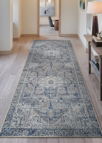 Bloom Rugs Washable Non-Slip 7 ft Runner - Blue/Gray Traditional Runner for Entryway, Hallway, Bathroom, and Kitchen - Exact Size: 2.5' x 7' - color: Blue / Gray, size: 2'6" x 7' (Runner)