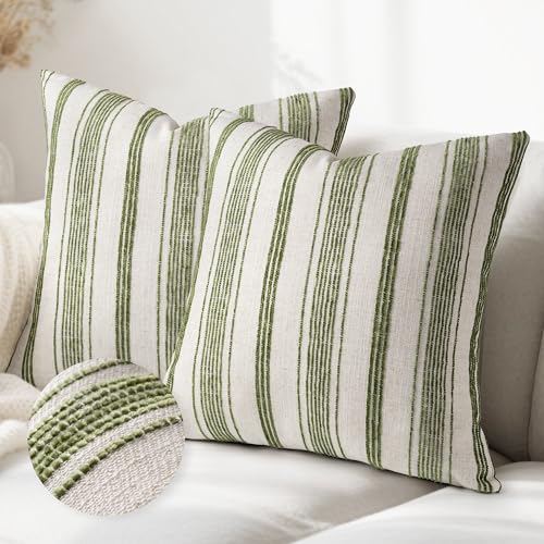 AELS 20x20 Decorative Farmhouse Linen Throw Pillow Covers, Beige with Olive Green Chenille Striped Pillow Case, Set of 2, Boho Textured Cushion Cover for Sofa Couch Living Room (Cover ONLY) - color: Beige With Olive Green, size: 20" x 20" (Pack of 2)