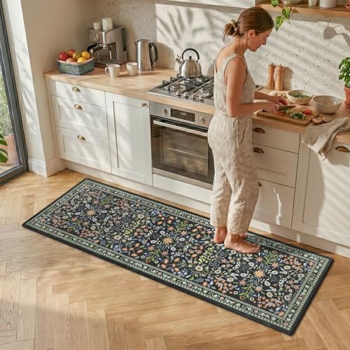 Yamaziot Boho Anti Fatigue Kitchen Rug Set of 2 Black, Non-Slip Kitchen Mat - color: Black, size: 20"x32"+20"x59"