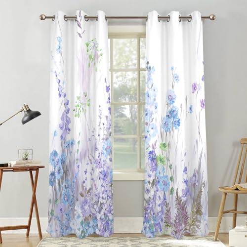 Watercolor Purple Blue Wildflower Window Curtains 2 Panels 45" L x 29" W - color: Light Purple, size: 29"W x 45"L (Pack of 2)