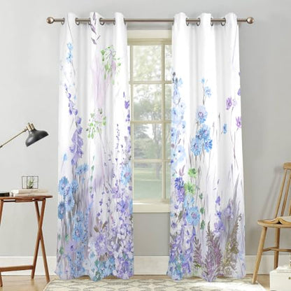 Watercolor Purple Blue Wildflower Window Curtains 2 Panels 45" L x 29" W - color: Light Purple, size: 29"W x 45"L (Pack of 2)