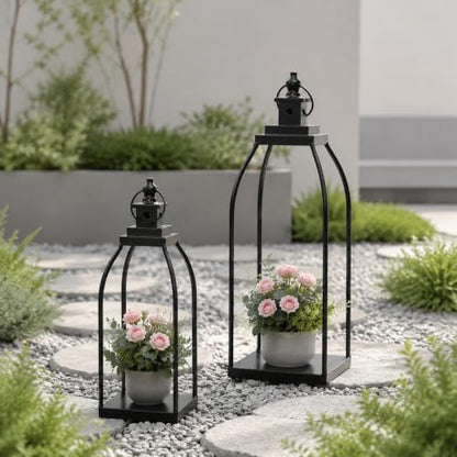 Decorative Candle Lanterns Set of 2, Black Metal for Indoor & Outdoor - size: 14+17in