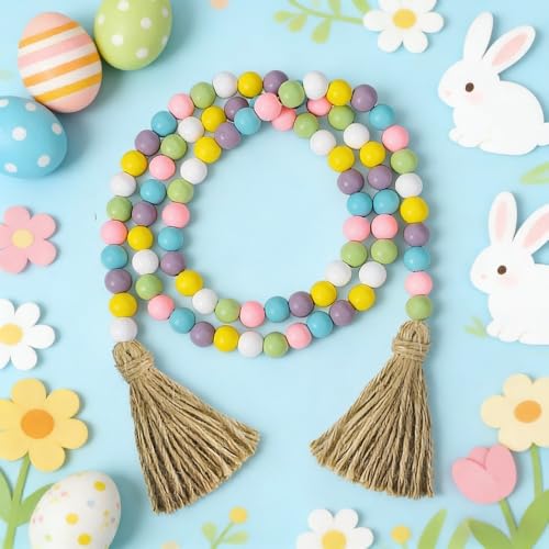 Easter Wood Bead Garland with Jute Tassel, Spring Decor Farmhouse Wooden Beads Rustic Prayer Beads for Tiered Tray Shelf Mantle Home Decor (Multi) - color: Multi Color