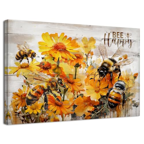 Yellow Daisy Wall Art Bee Wall Decor Bee Happy Sign Flower Kitchen Pictures Wall Decor Farmhouse Wildflower Canvas Prints Watercolor Floral Paintings Artwork for Living Room Home Decorations 12x16" - color: Bee Happy, size: 16"L x 12"W