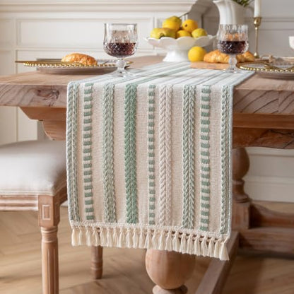 Caflife Sage Green and Beige Woven Rustic Boho Table Runner 72 Inchs Long - color: Sage Green, size: 13x72Inch