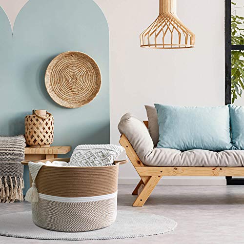 CHICVITA XXL Cotton Rope Woven Blanket Basket with Handles, Brown & White - color: Brown and White