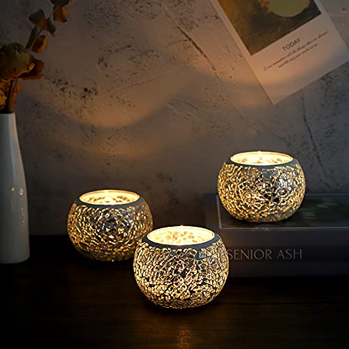 OwnMy 3PCS Mosaic Glass Tea Light Holders Round Bowl Votive Candle Holders - color: Silver