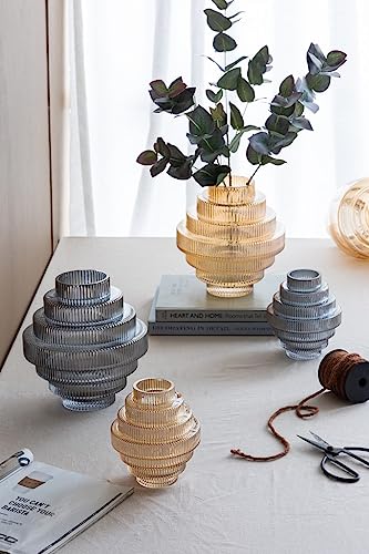 T2 Concept 9x9x10” Clear Amber Luster Glass Accent Vase with Modern Geometric Tiered Design Home Decor Flower Vase for Mantel Tabletop Shelf Office Event