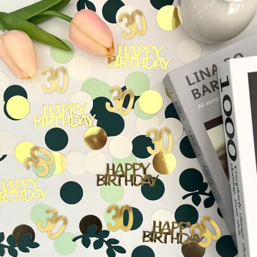 Sage Green 30th Happy Birthday Confetti, Table Decorations Green Gold Foil Scatter Cake Confetti for 30th Birthday Her Him Party Decor 230 Pcs - style: 30