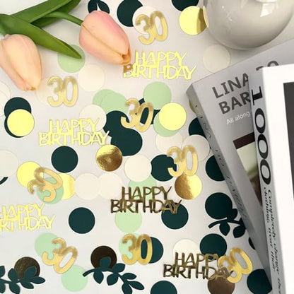 Sage Green 30th Happy Birthday Confetti, Table Decorations Green Gold Foil Scatter Cake Confetti for 30th Birthday Her Him Party Decor 230 Pcs - style: 30