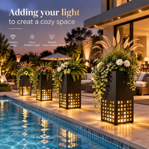 2 Pack Tall Outdoor Planters,14"Lx14'Wx30"H Metal Black Planter for Porch