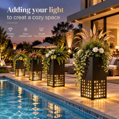 2 Pack Tall Outdoor Planters,14"Lx14'Wx30"H Metal Black Planter for Porch