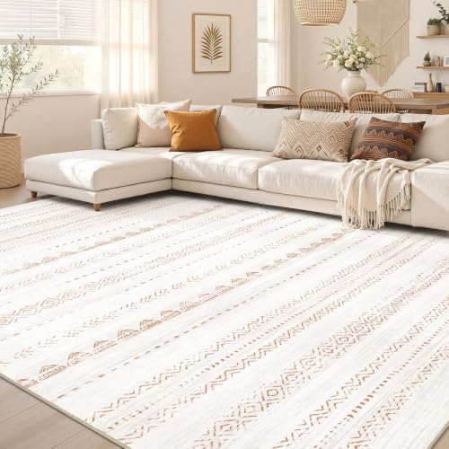 Nakagishi Area Rug Living Room Rugs: 6x10 Large Soft Machine Washable Boho Moroccan FarmNeutral Stain Resistant Indoor Floor Carpet for Bedroom Under Dining Table Home Office Decor-Cream Brown - color: Beige Brown, size: 6' X 10' (Rectangular)
