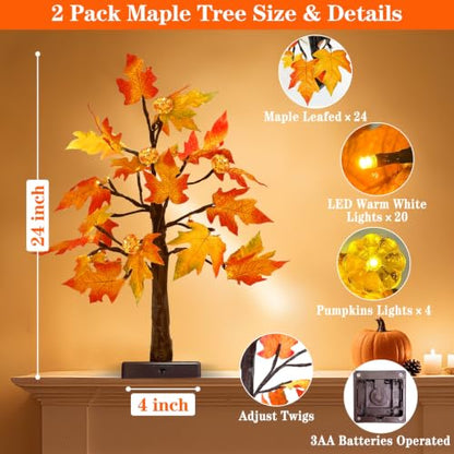 TURNMEON Fall Decor 2 Pack 24 Inch Prelit Fall Maple Tree 48 LEDs Timer - size: 2Pack 24 Inch