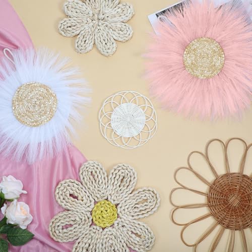 Chunful 7 Pcs Boho Wall Basket Decor Rattan Flower, Pink - color: Pink
