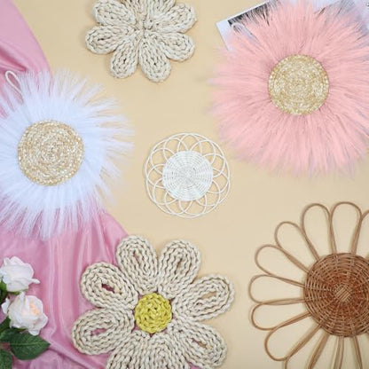 Chunful 7 Pcs Boho Wall Basket Decor Rattan Flower, Pink - color: Pink