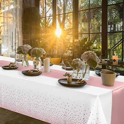12 Pack Disposable Plastic Tablecloths and Satin Table Runner Set White and Rose Gold Dot Tablecloth Rose Gold Satin Table Runner for Wedding Birthday Baby Shower Anniversary Christmas New Year Party - color: White and Rose Gold, size: 12 Pack