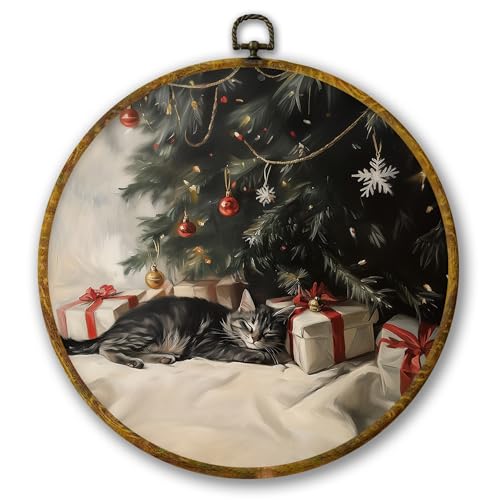 Mcehtle Christmas Cat Wall Art Decor, Cat Mom Lady Lovers Gifts Framed Canvas Prints 10x10, Christmas Tree Farm Round Wall Hanging Artwork Decorations for Home Bedroom Living Room - color: Colour 15