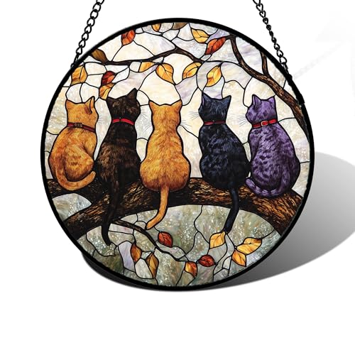 5 Cats on a Branch Stained Glass Window Hanging Suncatcher Gifts 12" - color: Black, size: 11.8x11.8 IN