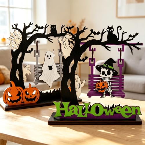 Halloween Decorations Indoor - Primitive Halloween Swing Ghost Skeleton, Wooden Ghost Swing Decor for Table Centerpieces, Mantels, Shelves, Tray, Vintage Spooky & Festive Party Decor - color: Swing Ghost Skeleton