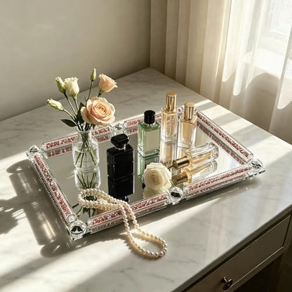 Crystal Perfume Tray, 11.8" x 7.9" Mirror Glass Vanity Tray - color: Pink