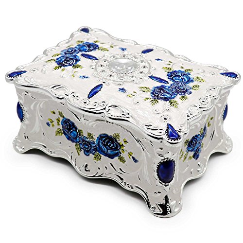 Luxury Vintage Rectangle Metal Alloy Jewelry Box Trinket Organizer Storage Box with Rose Pattern for Women, Girls, Two-Layer Design, White & Blue, Large - color: White & Blue