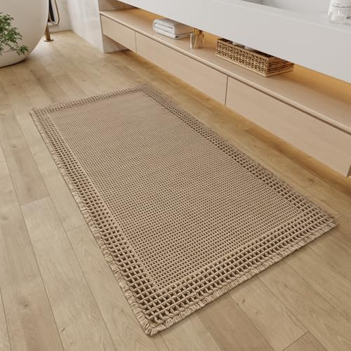 RESARE Waffle Bathroom Runner Rugs, Non Slip Boho Bath Mat 24"x48" Brown | Long Absorbent Bathroom Floor Mats Machine Washable Quick Dry, Soft Solid 2'x4' Bath Rugs with Tassels, Ideal Farmhouse Decor - color: Brown, size: 2' X 4'