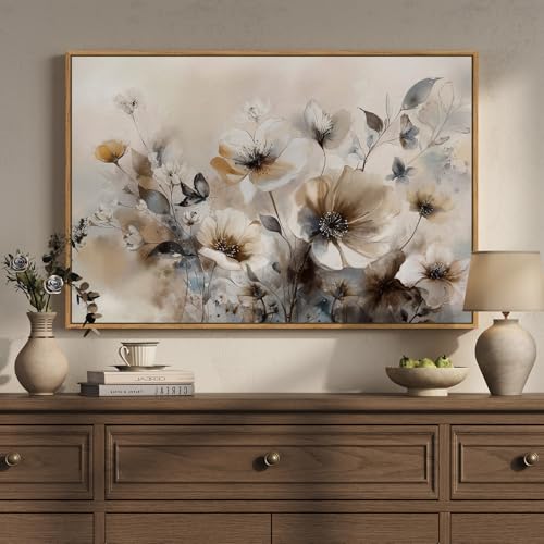 Framed Vintage Rustic Neutral Floral Wall Art, 24x36 Inch Farmhouse Print - color: White & Brown