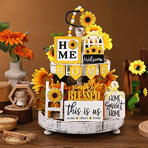 FairySandy 11 Pcs Sunflower Tiered Tray Decor Summer Rustic Home Farmhouse - style: Sunflower