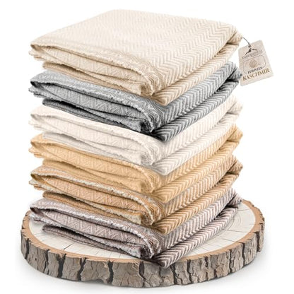 Cashmere Blanket – Hand Woven 100% Pure Wool Throw Blanket, 135 x 270 cm – Herringbone Pattern Cozy, and Soft Blanket for Bed, Sofa, or Couch - Made in Nepal - color: White Grey