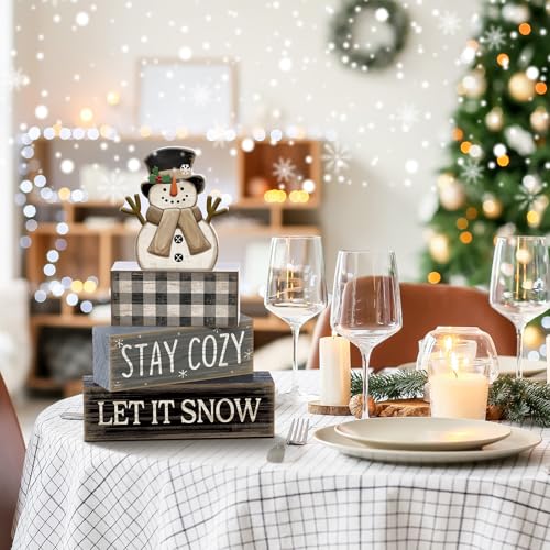 Yuntau 4 Pcs Winter Table Decorations Wooden Snowman Tiered Tray Decor - style: Let It Snow
