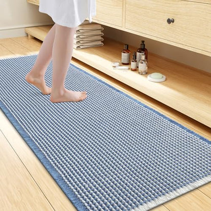 Smiry Waffle Bath Mat 47X24, Soft Absorbent Bathroom Rugs, Blue & Cream - color: Blue & Cream, size: 47" X 24"