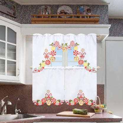 Simhomsen Embroidered Candy Cane Kitchen Window Curtain Swag and Tiers Set for Christmas Holiday (Candy Cane) - color: Candy Cane
