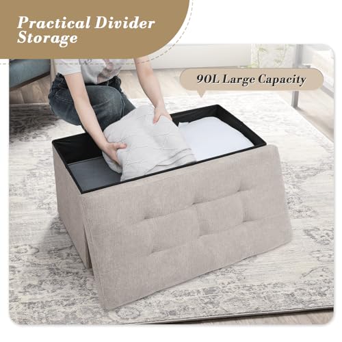Athena Collection 30" Storage Ottoman Bench Folding Bench with 90L Hidden Storage, Large End of Bed Bench Linen Foot Rest Stool Chest with Flipping Lid for Living Room Bedroom Entryway, Sandy Beige - color: Sandy Beige, style: 30" Linen