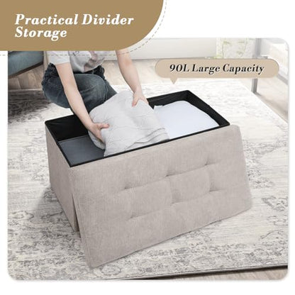 Athena Collection 30" Storage Ottoman Bench Folding Bench with 90L Hidden Storage, Large End of Bed Bench Linen Foot Rest Stool Chest with Flipping Lid for Living Room Bedroom Entryway, Sandy Beige - color: Sandy Beige, style: 30" Linen