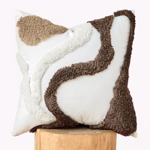 lifein 18x18 Pillow Covers-Throw Pillow Covers Boho Couch Pillows Embroidered Decorative Accent Pillows Mid Century Textured Pillowcases for Couch Sofa Living Room Bed (Brown and Cream) - color: Cr-711-bn(1 Pack Without Pillow Insert), size: 18" x 18" (Pa
