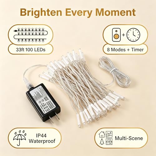 White Christmas Lights - 100 LED 33ft String Lights for Bedroom Indoor, 8 Modes Fairy Twinkle Lights Plug in, Waterproof Outdoor Hanging Lights for Room, Xmas Tree, Garden & Party Decor - color: White