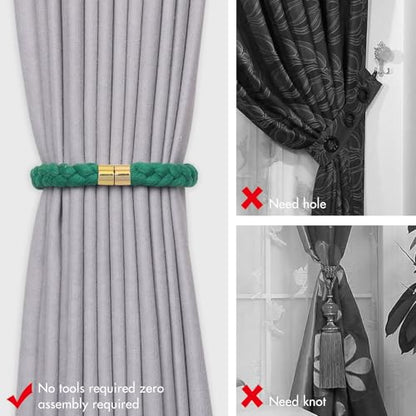NICEEC 4 Pack Natural Cotton Rope Magnetic Curtain Tiebacks Elegant Twisted Braid Style Drape Tie Backs Soft Hand-Woven Rope Curtain Holdbacks for Home & Office Window Draperies (Green-02) - color: Green-02, size: 4 Pack