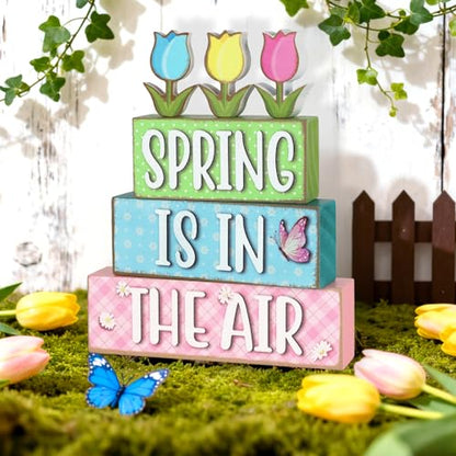 6 Pcs Spring Decorations for Home Wooden Tulips Flower Table Centerpieces Farmhouse Wood Block Signs Pastel Tulip Tabletop Easter Decor Indoor Tiered Tray Office Desk Shelf Mantel Fireplace Kitchen