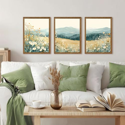 AVECCO 3 Pieces Wildflower Meadow Mountain Framed Canvas Wall Art 12x16 in - color: Mountain flowers, size: 16"L x 12"W