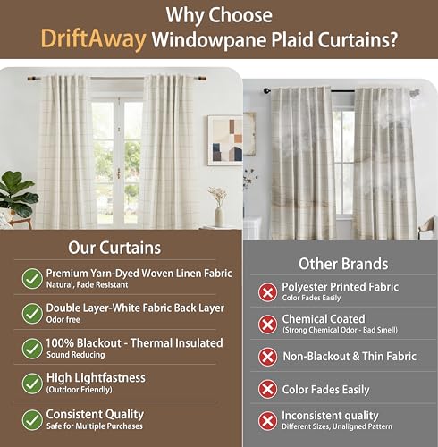 DriftAway 100% Blackout Plaid Linen Curtains 108 Inches Long 2 Panels Taupe - color: Taupe, size: 52"W x 108"L (Pack of 2)