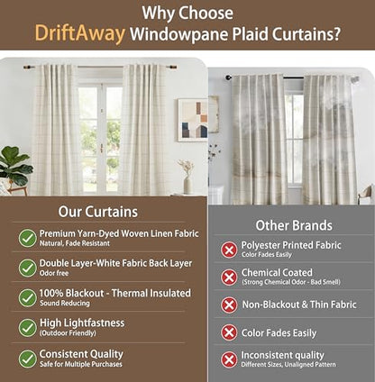 DriftAway 100% Blackout Plaid Linen Curtains 108 Inches Long 2 Panels Taupe - color: Taupe, size: 52"W x 108"L (Pack of 2)