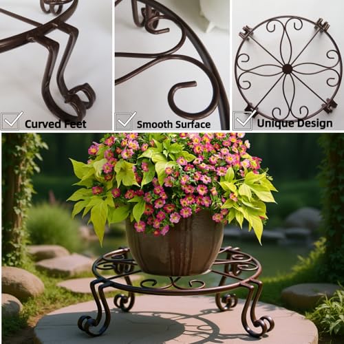 2 Pack 12" Plant Stands, Heavy Duty Rustproof Metal Plant Holders for Indoor and Outdoor Use, Wrought Iron Round Flower Stands for Patio, Balcony, and Garden (Bronze)