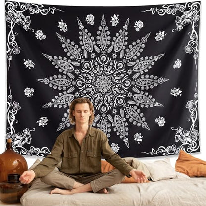 KJHL Black and White Mandala Tapestry Wall Hanging for Bedroom 60" x 44" - color: Black, size: 60"L x 44"W
